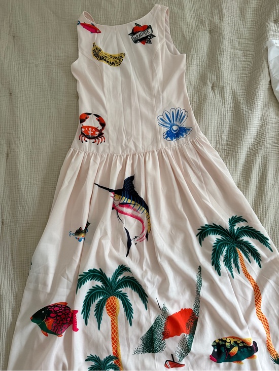 Commense Dresses & Skirts - Commense Cream Tropical Print Sleeveless Dress with Colorful Sea Motifs